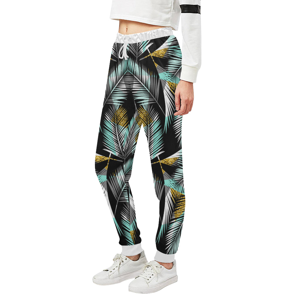 Gold Glitter Cyan Tropical Palm Leaves Unisex Sweatpants