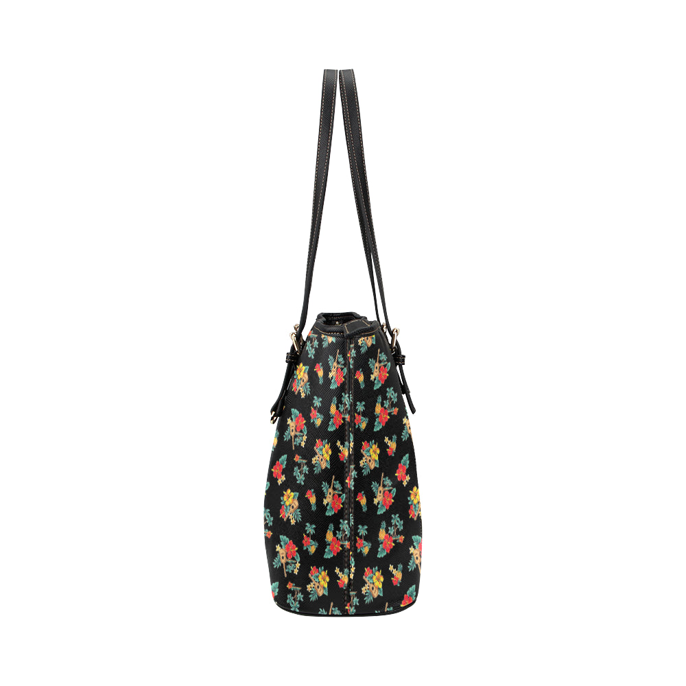 Hawaiian Flower Themed Print Leather Tote Bag