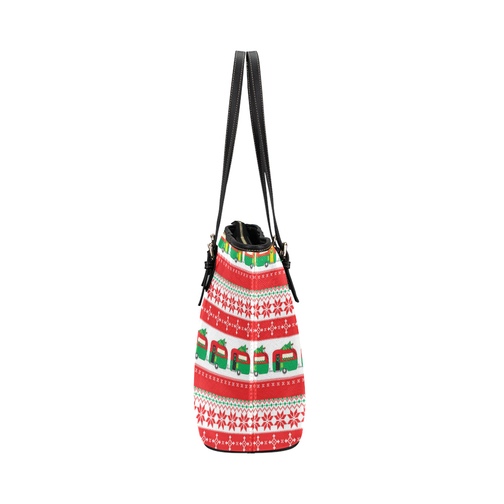 Camper Camping Ugly Christmas Design Print Leather Tote Bag