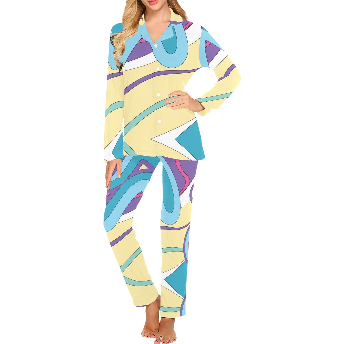 Funky Retro Pattern Print Design A01 Women's Long Pajama Set