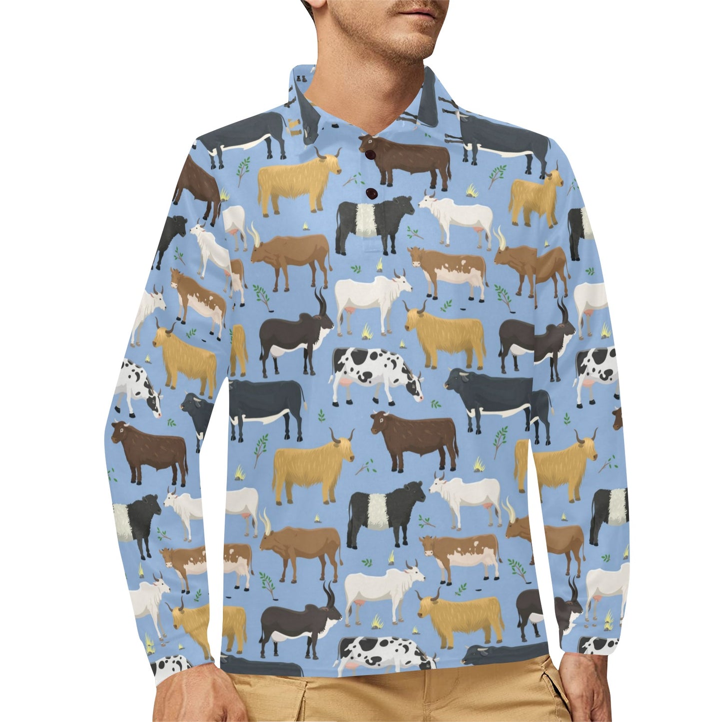 Cattle Pattern Print Design 02 Long Sleeve Polo Shirt For Men's