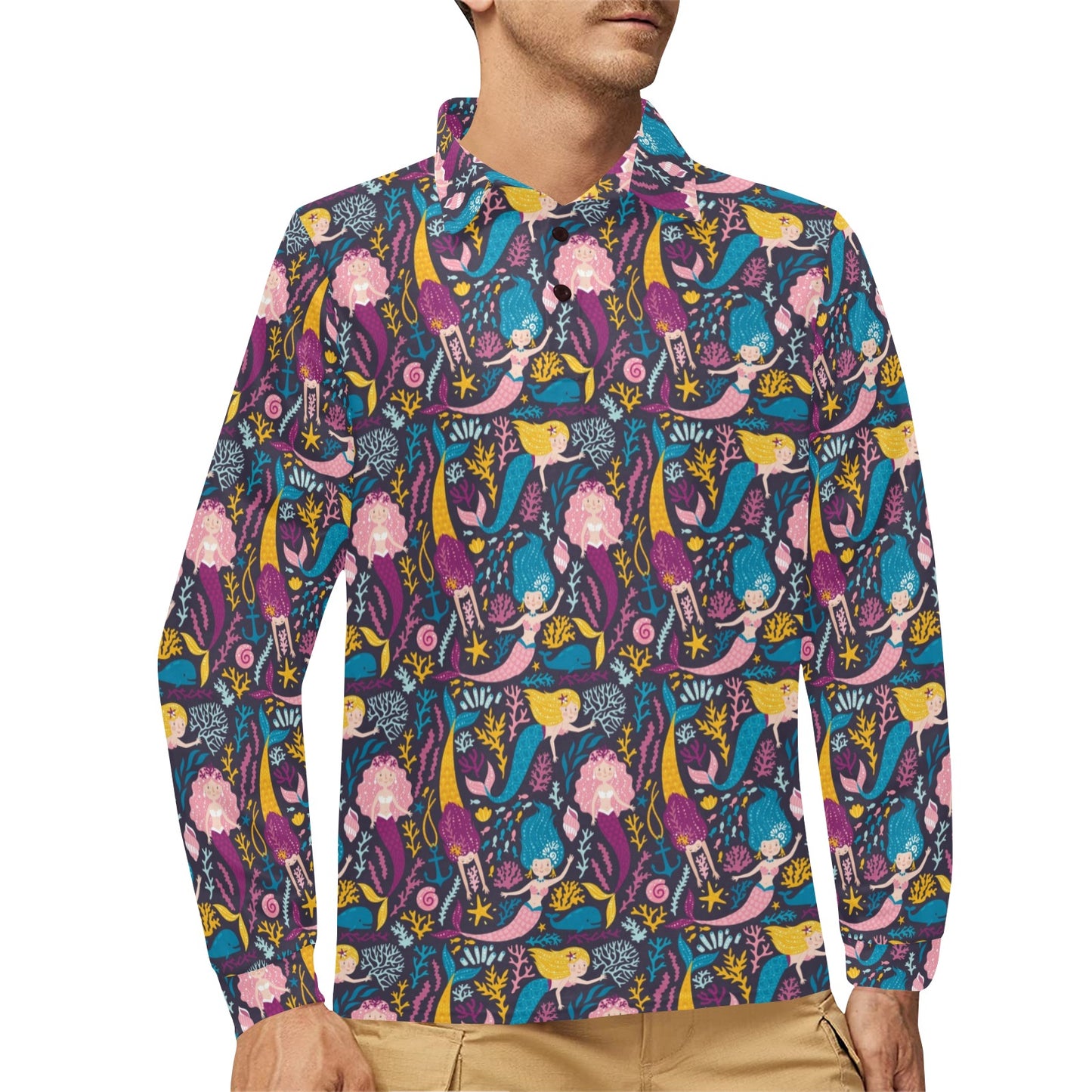 Mermaid Pattern Print Design 08 Long Sleeve Polo Shirt For Men's