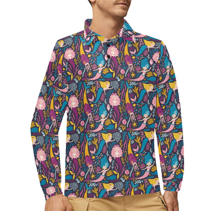 Mermaid Pattern Print Design 08 Long Sleeve Polo Shirt For Men's
