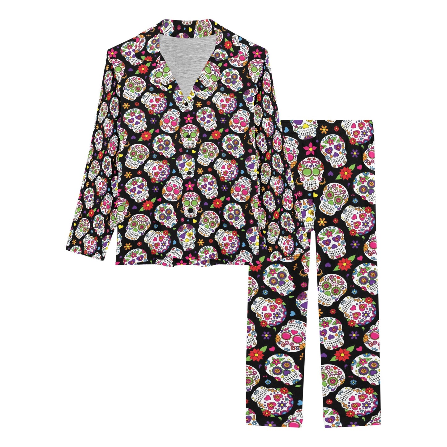 Sugar Skull Print Design LKS302 Women's Long Pajama Set