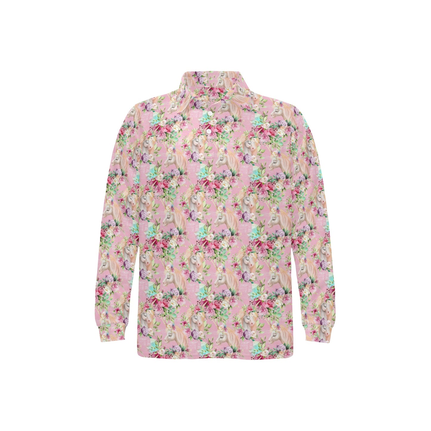 Unicorn Princess with Rose Long Sleeve Polo Shirt For Men's