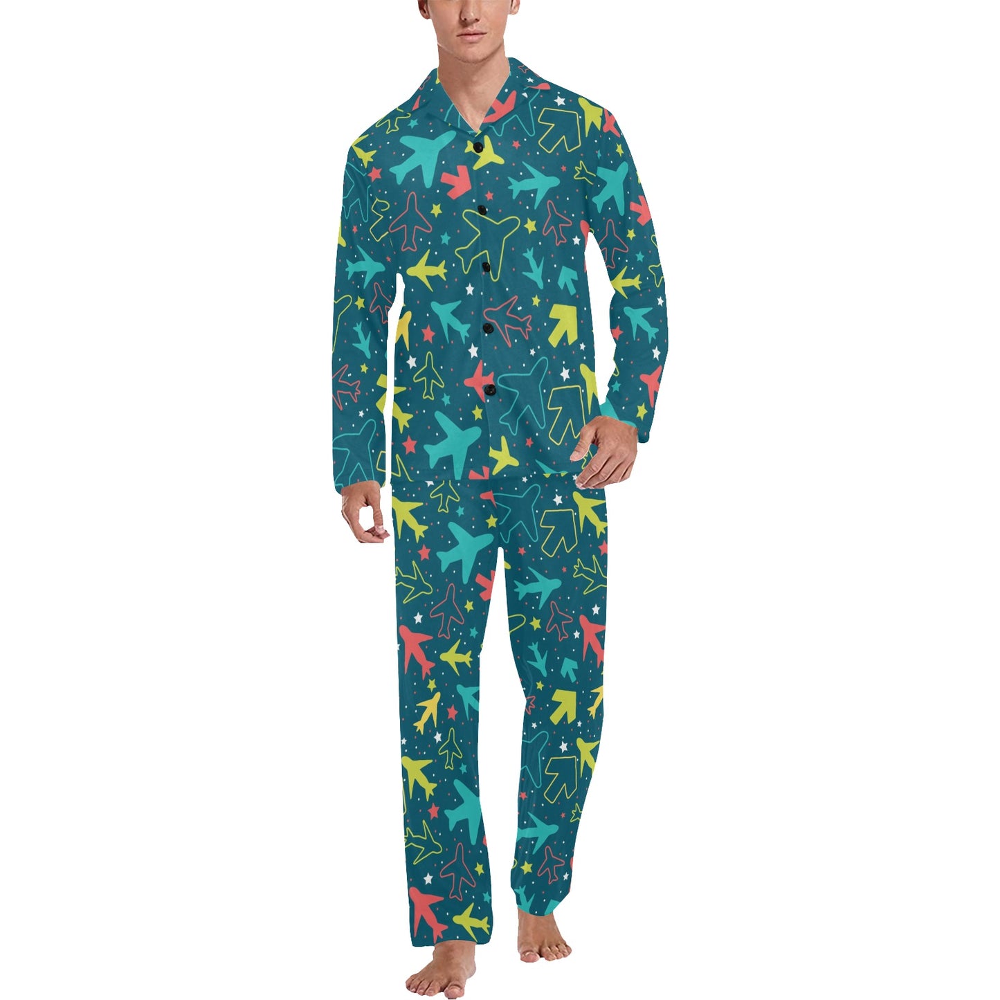Airplane Pattern Print Design 05 Men's Long Pajama Set