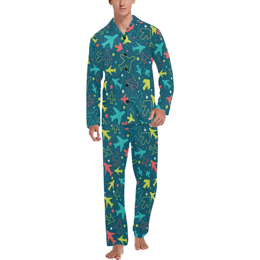 Airplane Pattern Print Design 05 Men's Long Pajama Set