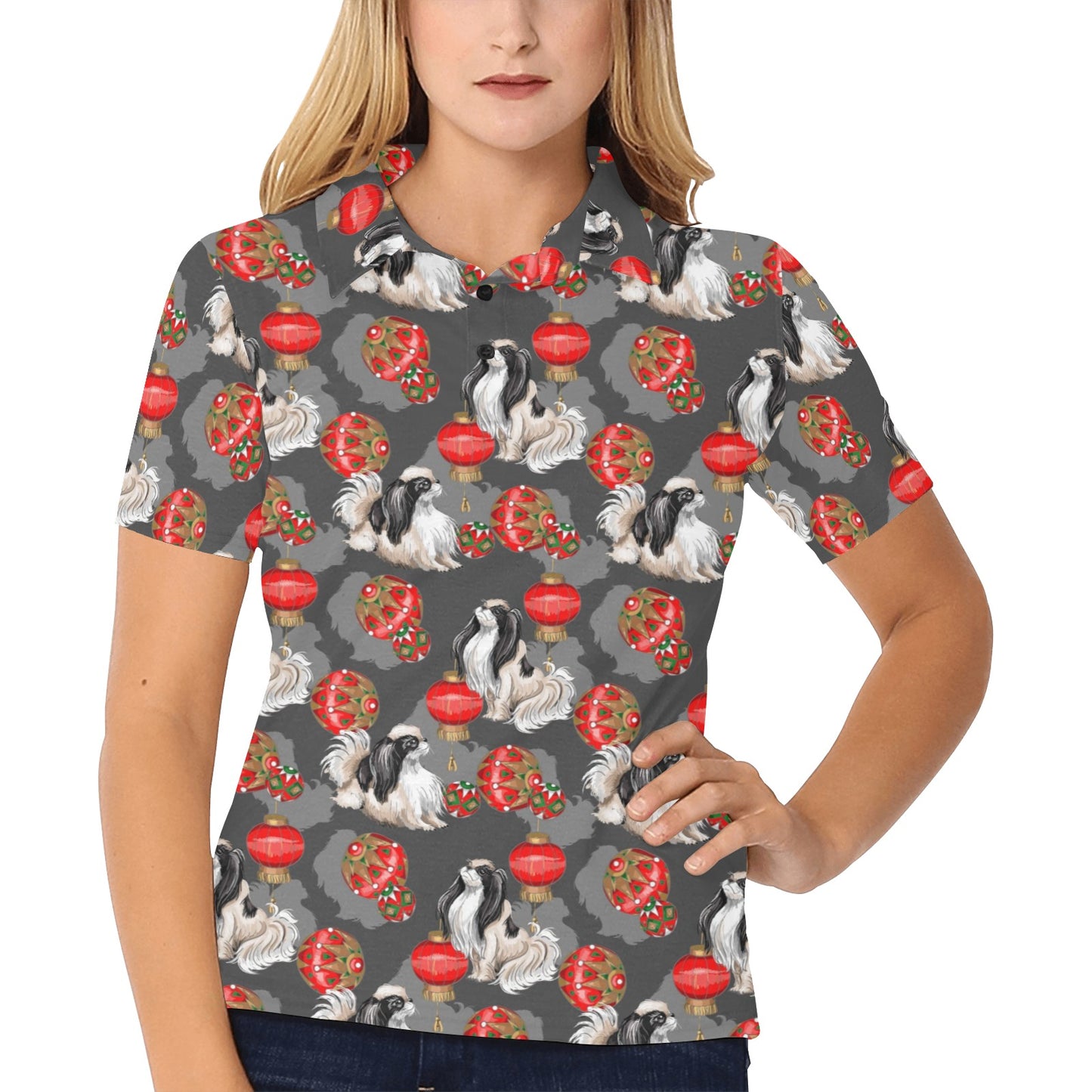 Japanese Chin Pattern Print Design 02 Women's Polo Shirt