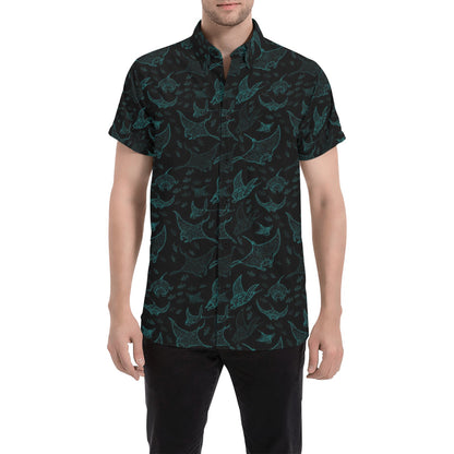 Manta Ray Print Design LKS402 Men Short Sleeve Button Up Shirt