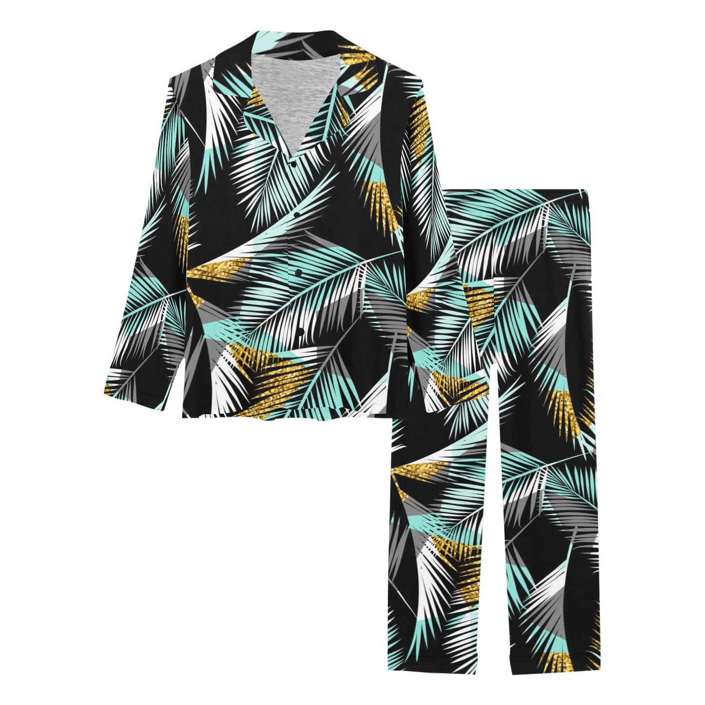 Gold Glitter Cyan Tropical Palm Leaves Women's Long Pajama Set