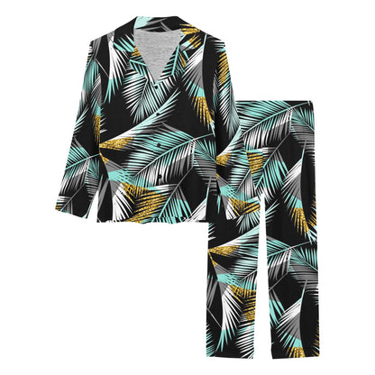 Gold Glitter Cyan Tropical Palm Leaves Women's Long Pajama Set
