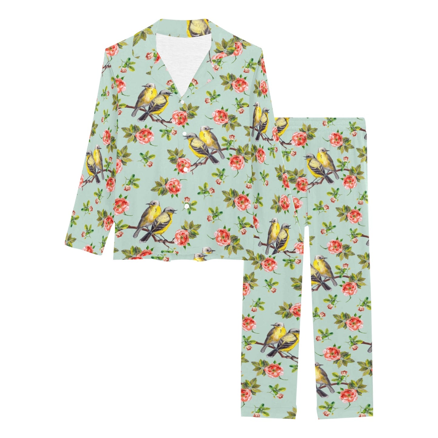 Bird with Red Flower Print Pattern Women's Long Pajama Set