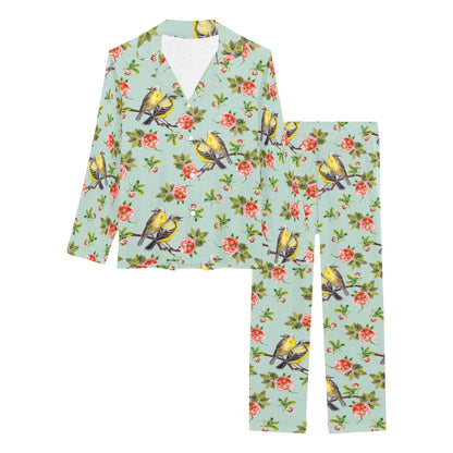 Bird with Red Flower Print Pattern Women's Long Pajama Set