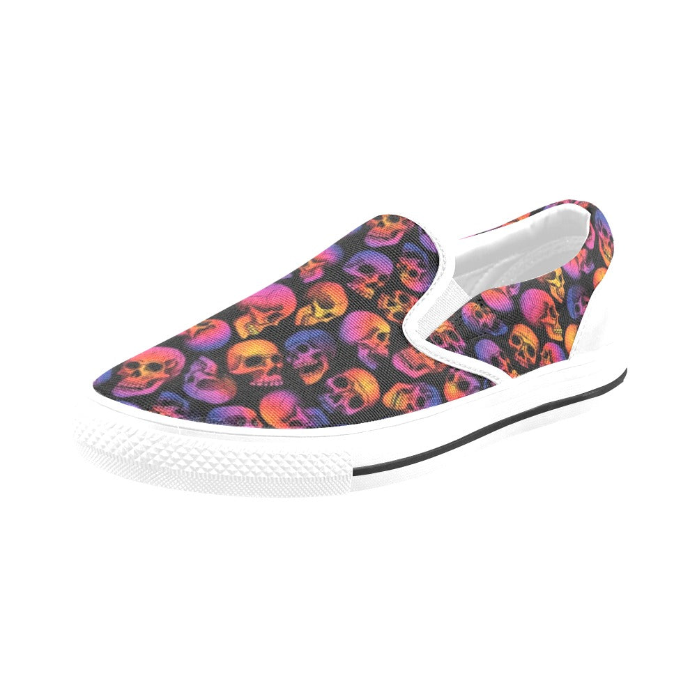Skull Multicolor Print Design LKS3011 White Slip Ons Canvas Women's Shoes