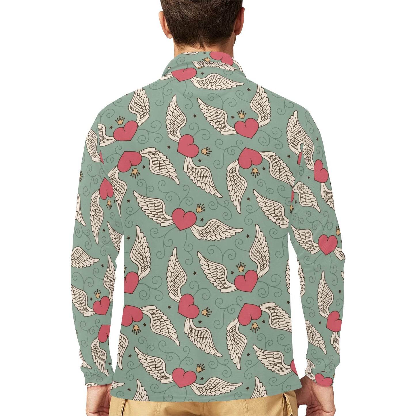 Angel Wings Heart Design Themed Print Long Sleeve Polo Shirt For Men's