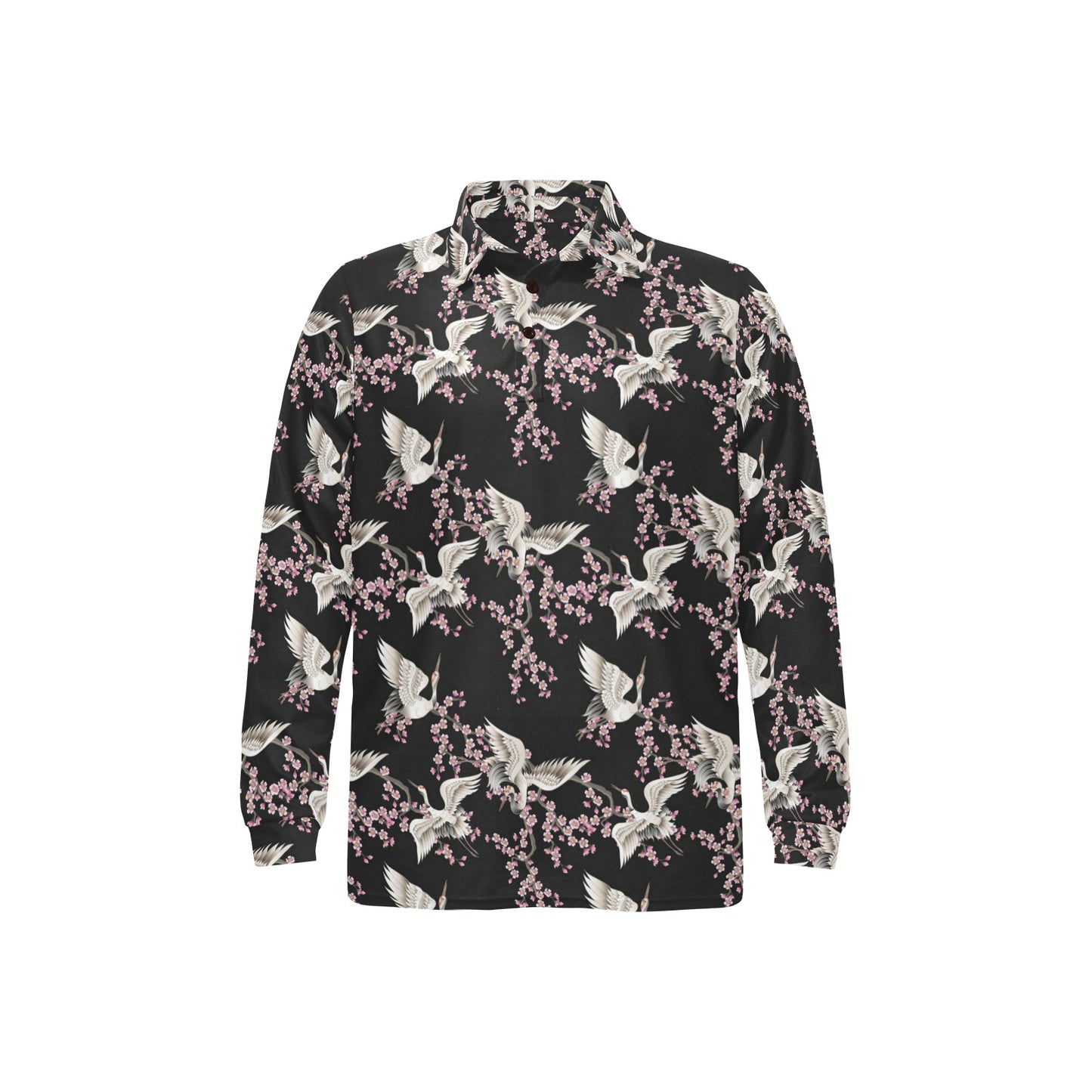 Crane Pattern Print Design 01 Long Sleeve Polo Shirt For Men's