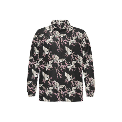 Crane Pattern Print Design 01 Long Sleeve Polo Shirt For Men's