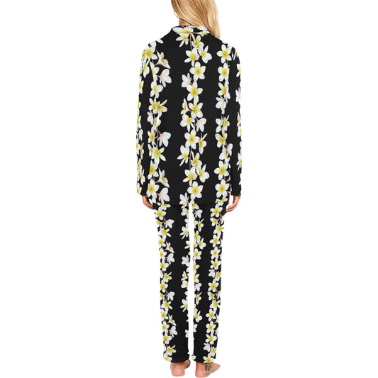White Plumeria Pattern Print Design PM08 Women's Long Pajama Set