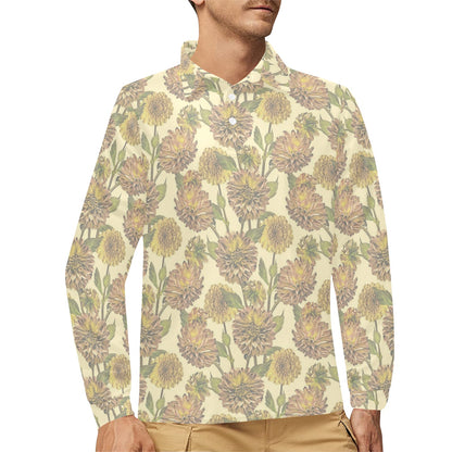 Dahlia Pattern Print Design DH09 Long Sleeve Polo Shirt For Men's