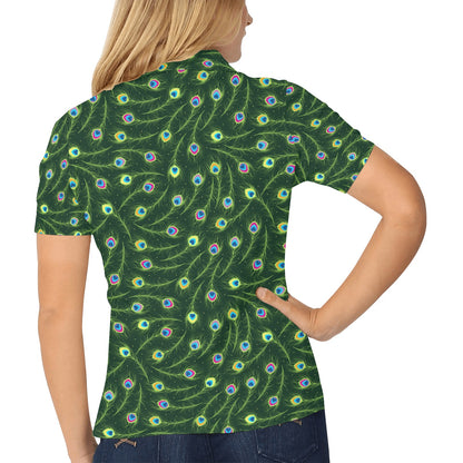 Peacock Feather Green Design Print Women's Polo Shirt
