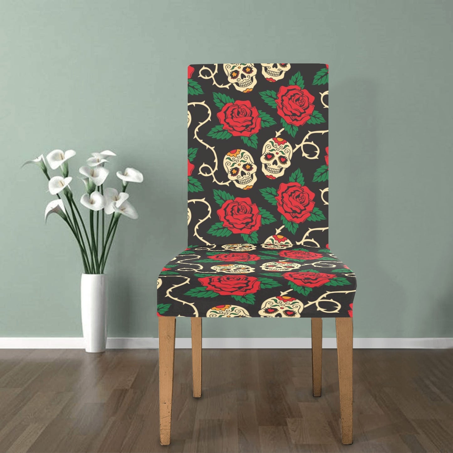 Sugar Skull Red Rose Print Design LKS301 Dining Chair Slipcover