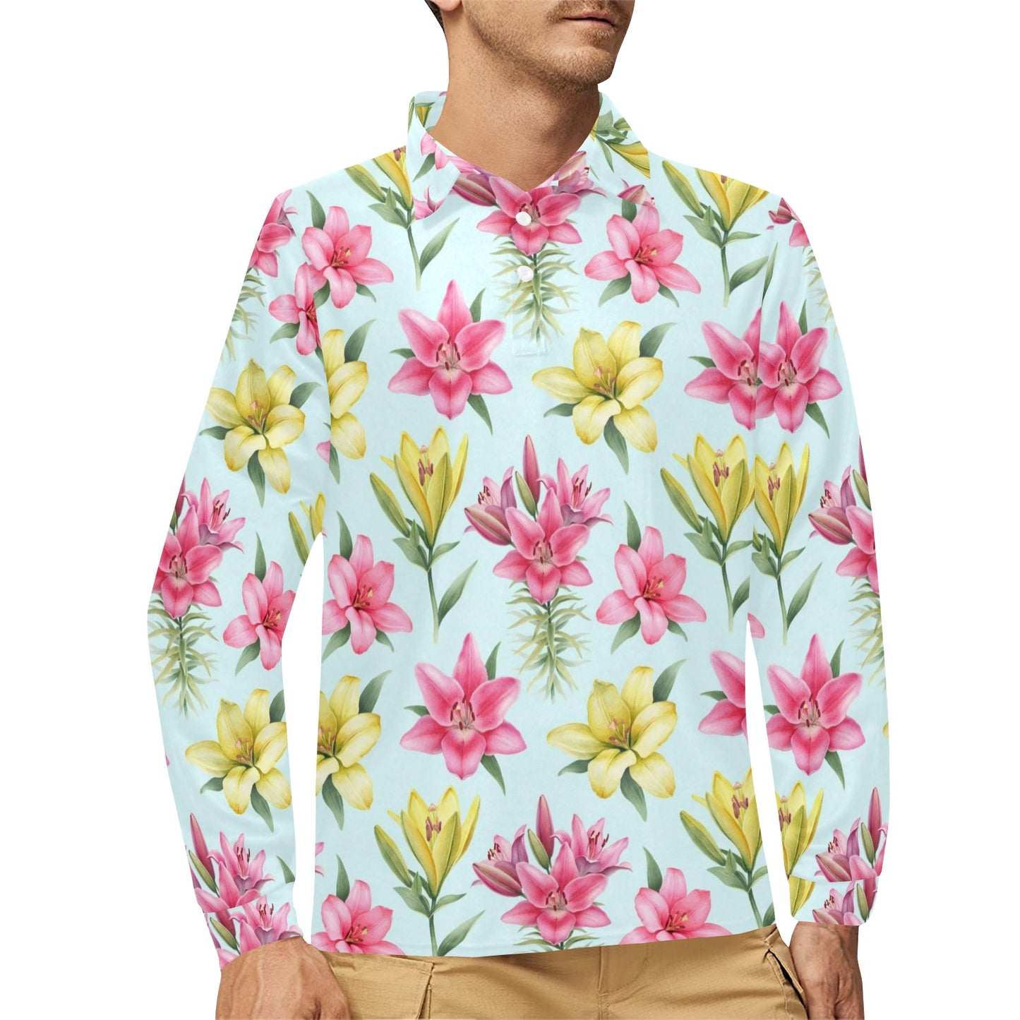 Lily Pattern Print Design LY010 Long Sleeve Polo Shirt For Men's