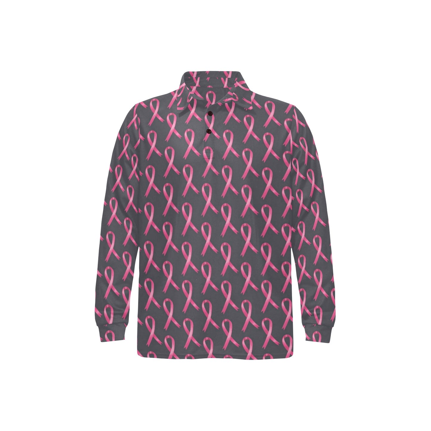 Breast Cancer Awareness Pattern Long Sleeve Polo Shirt For Men's