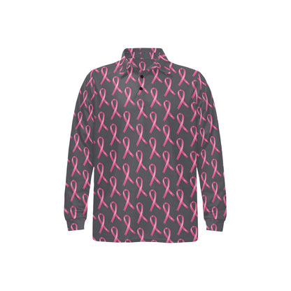 Breast Cancer Awareness Pattern Long Sleeve Polo Shirt For Men's