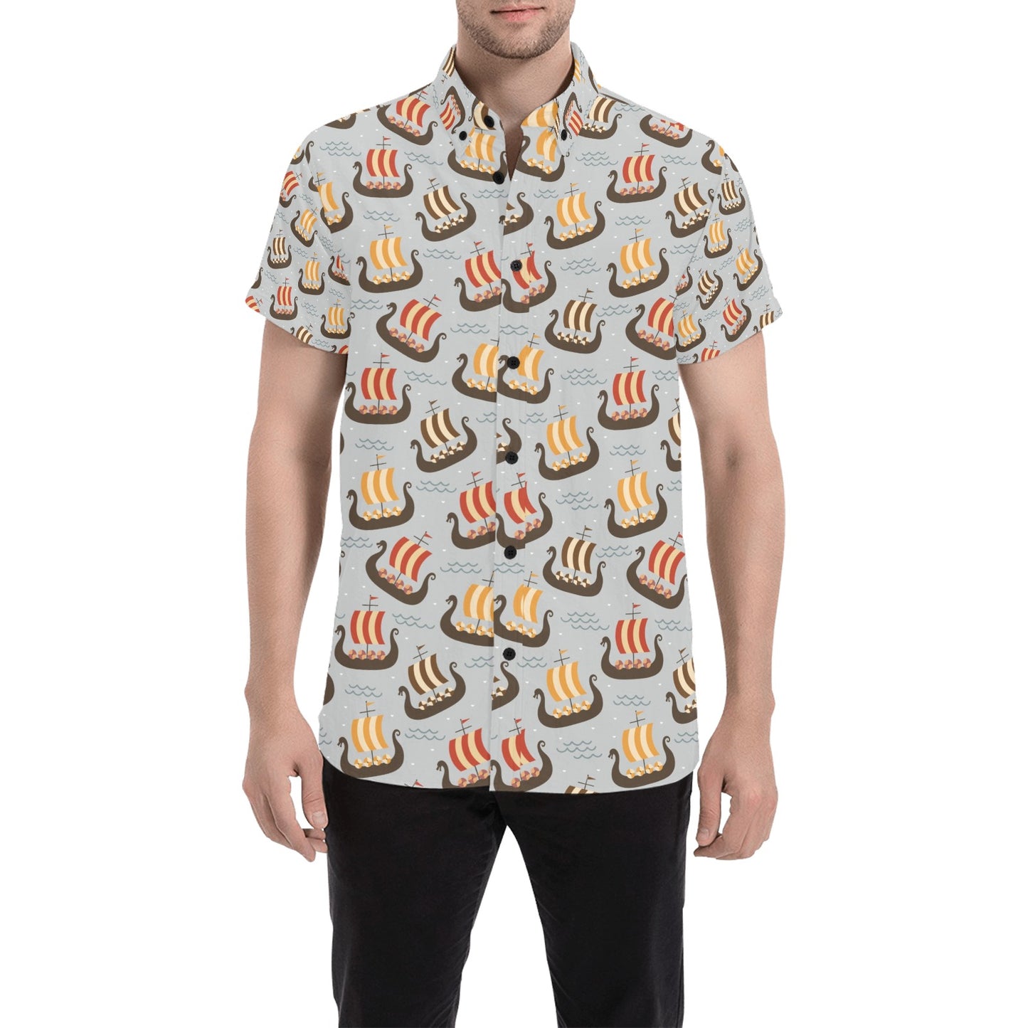 Vikings Print Design LKS308 Men Short Sleeve Button Up Shirt