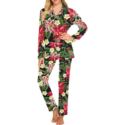 Poinsettia Pattern Print Design POT05 Women's Long Pajama Set