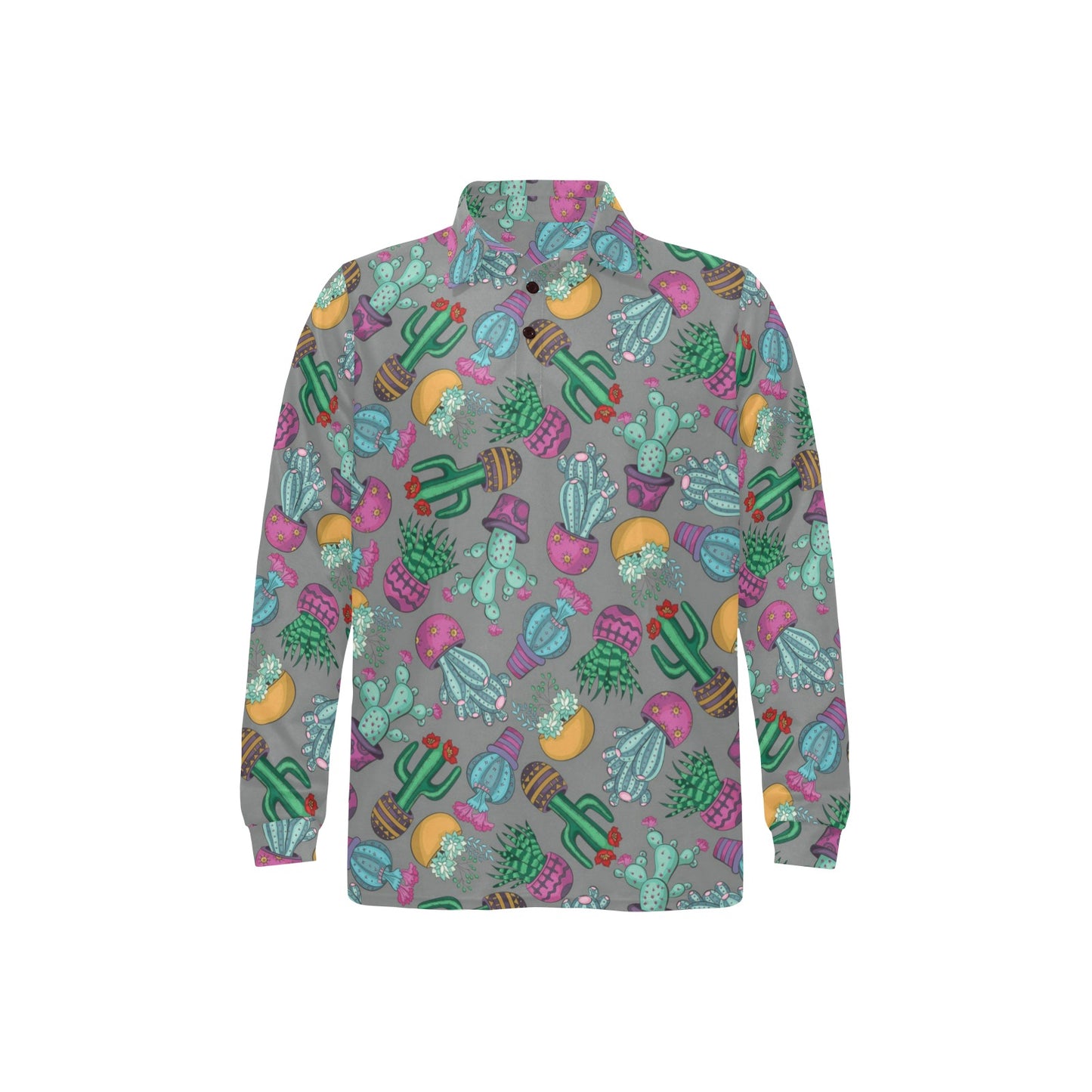 Cactus Colorful Print Pattern Long Sleeve Polo Shirt For Men's