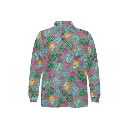 Cactus Colorful Print Pattern Long Sleeve Polo Shirt For Men's
