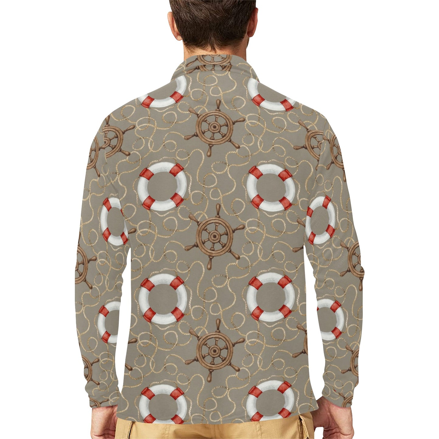 Nautical Pattern Print Design A02 Long Sleeve Polo Shirt For Men's