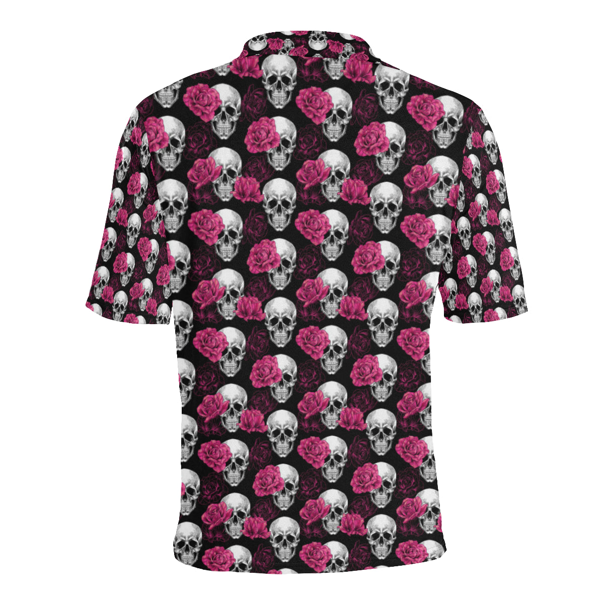 Pink Rose Skull Themed Print Men Polo Shirt