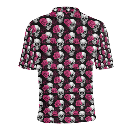 Pink Rose Skull Themed Print Men Polo Shirt