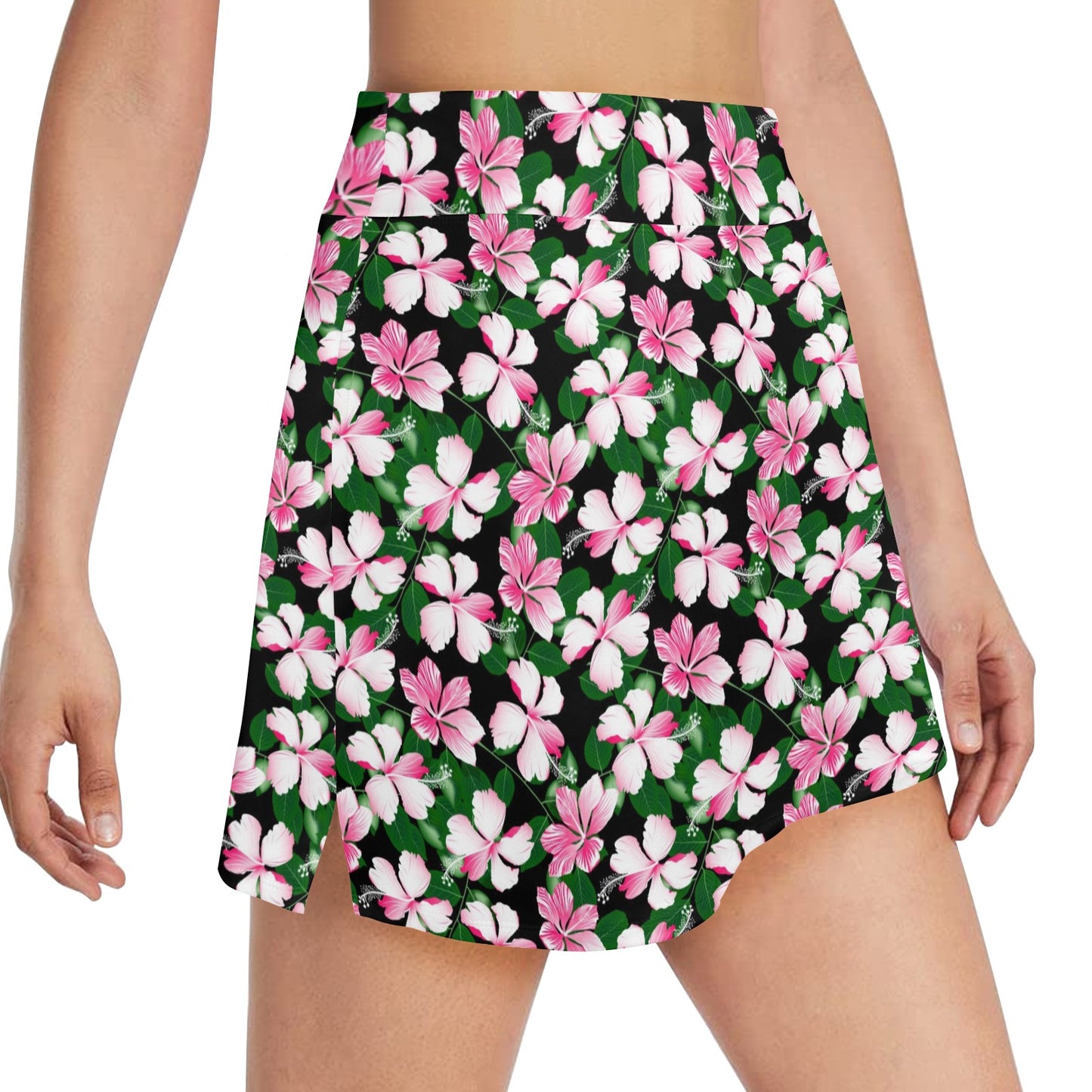 Hibiscus Pink Flower Hawaiian Print 17" Golf & Pickleball Skort with Pockets
