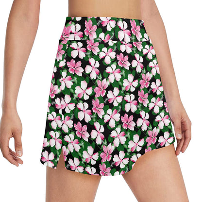 Hibiscus Pink Flower Hawaiian Print 17" Golf & Pickleball Skort with Pockets