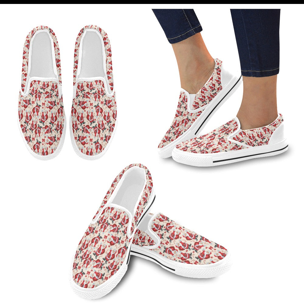 Santa Christmas Themed Print Design LKS302 White Slip Ons Canvas Women's Shoes