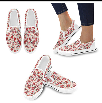 Santa Christmas Themed Print Design LKS302 White Slip Ons Canvas Women's Shoes