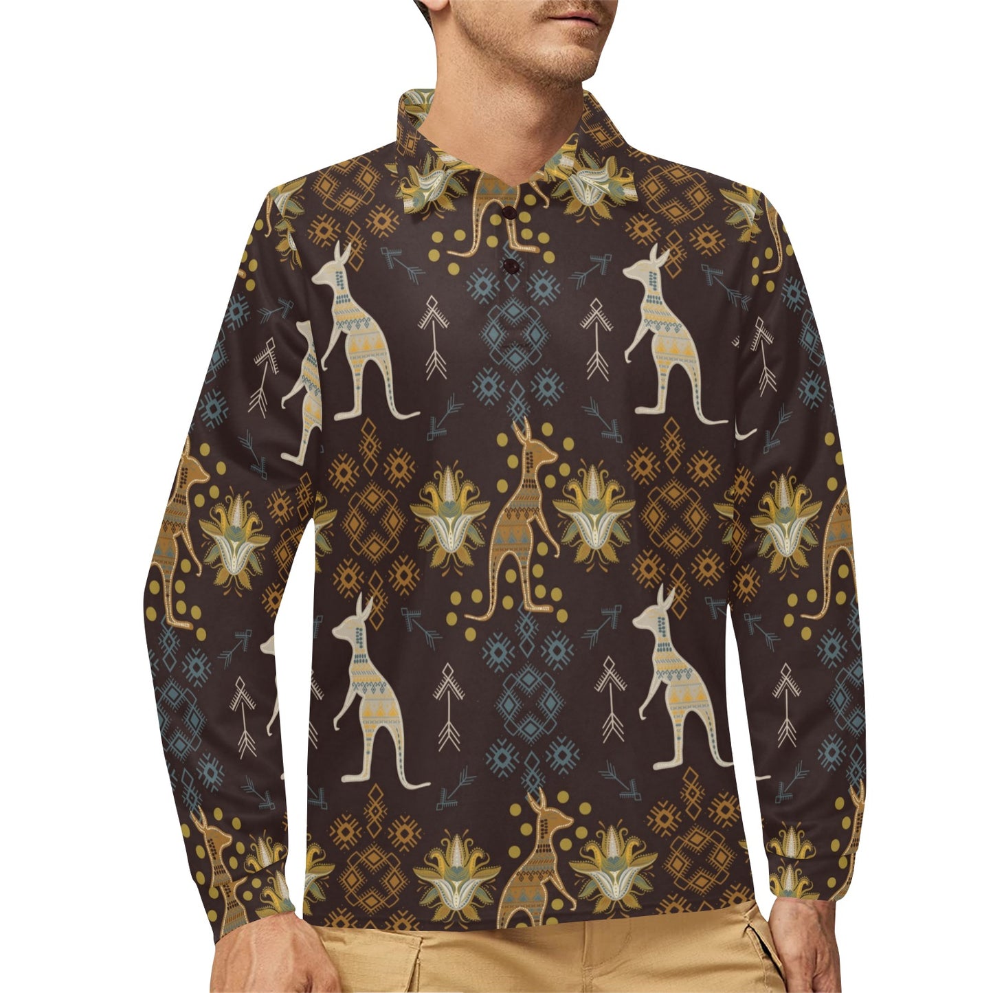 Kangaroos Pattern Print Design 03 Long Sleeve Polo Shirt For Men's