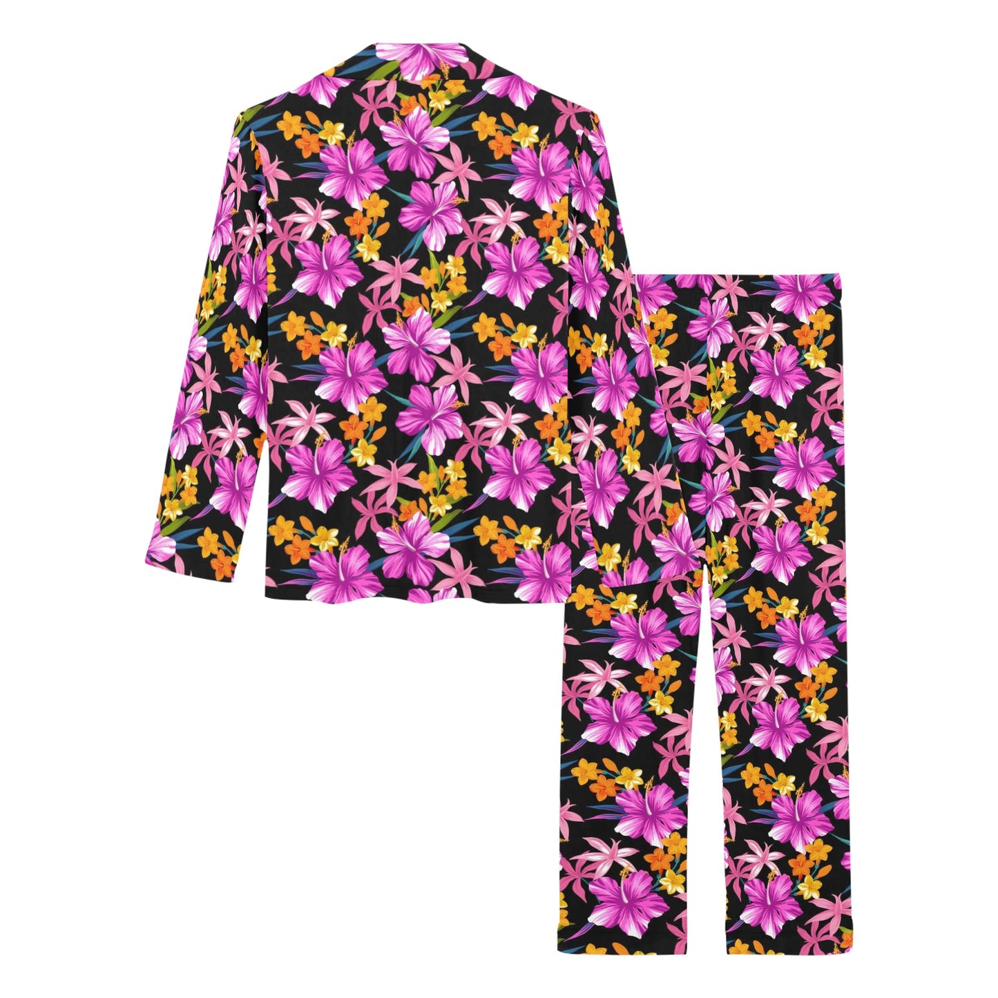 Tropical Folower Pink Hibiscus Print Women's Long Pajama Set
