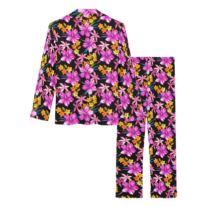 Tropical Folower Pink Hibiscus Print Women's Long Pajama Set