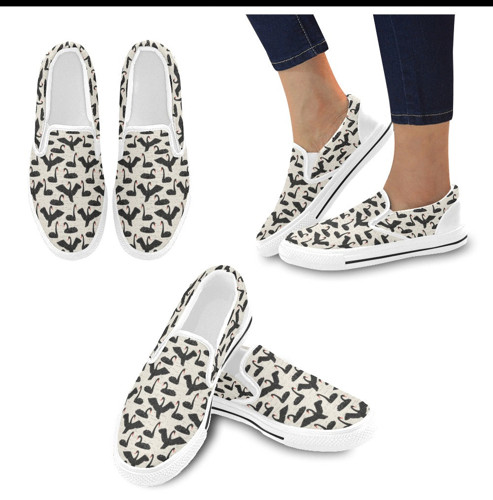 Swan Print Design LKS402 White Slip Ons Canvas Women's Shoes
