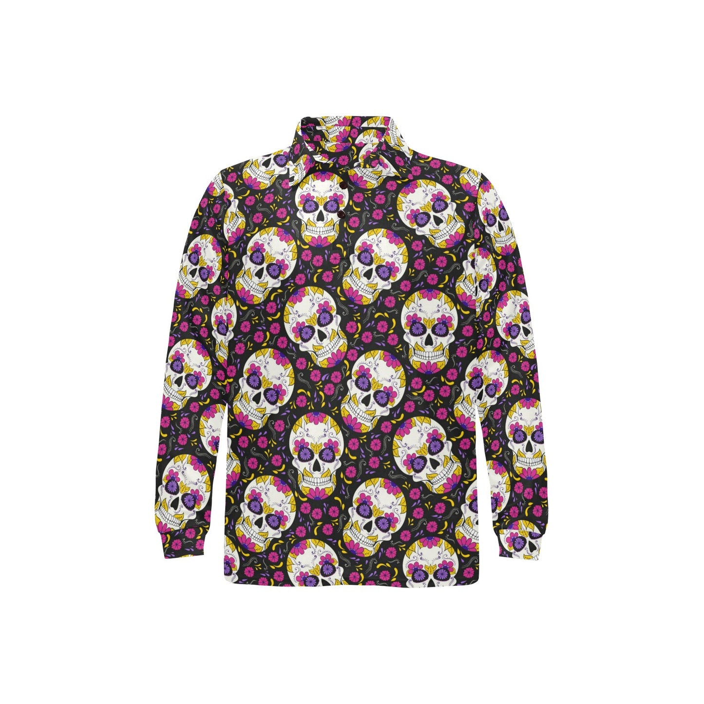 sugar skull Floral Pattern Long Sleeve Polo Shirt For Men's