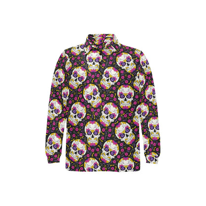sugar skull Floral Pattern Long Sleeve Polo Shirt For Men's
