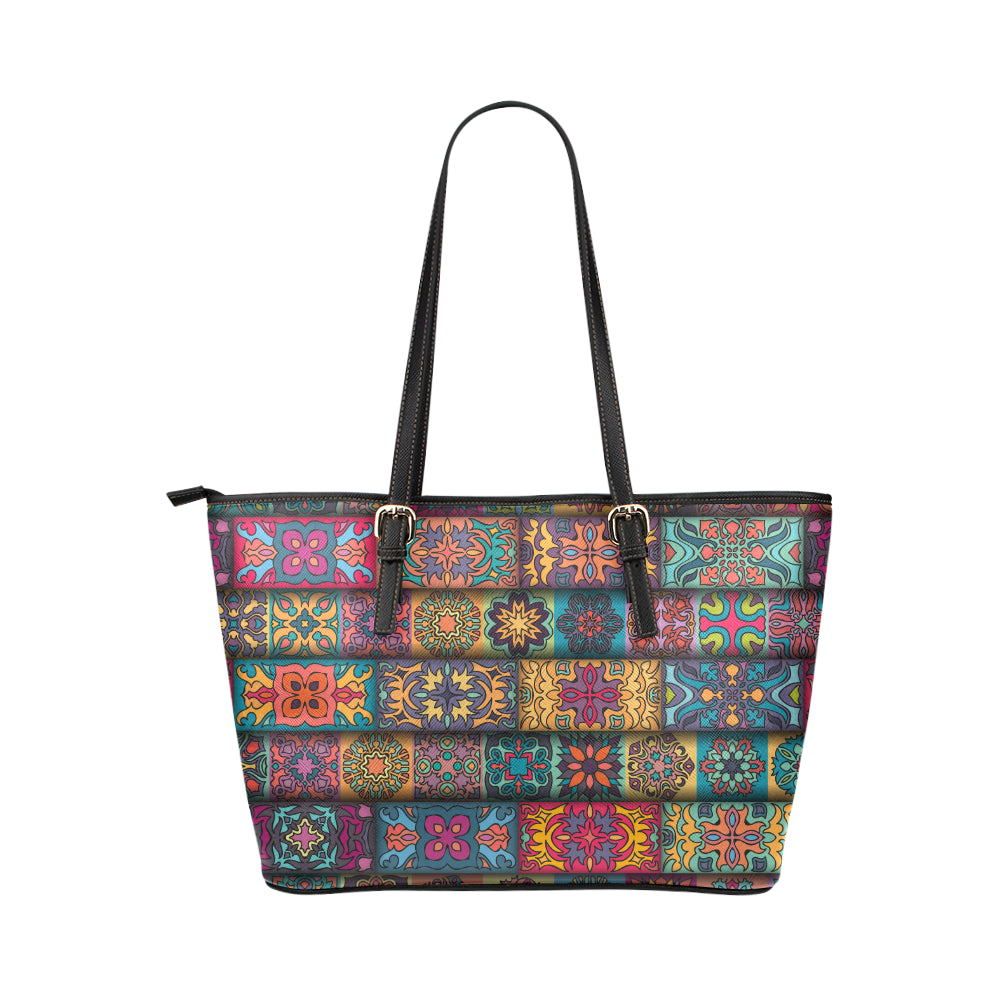 Mandala Style Design Print Leather Tote Bag
