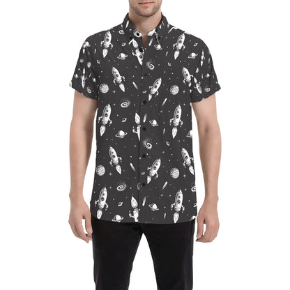 Space Rocket Print Design LKS303 Men Short Sleeve Button Up Shirt