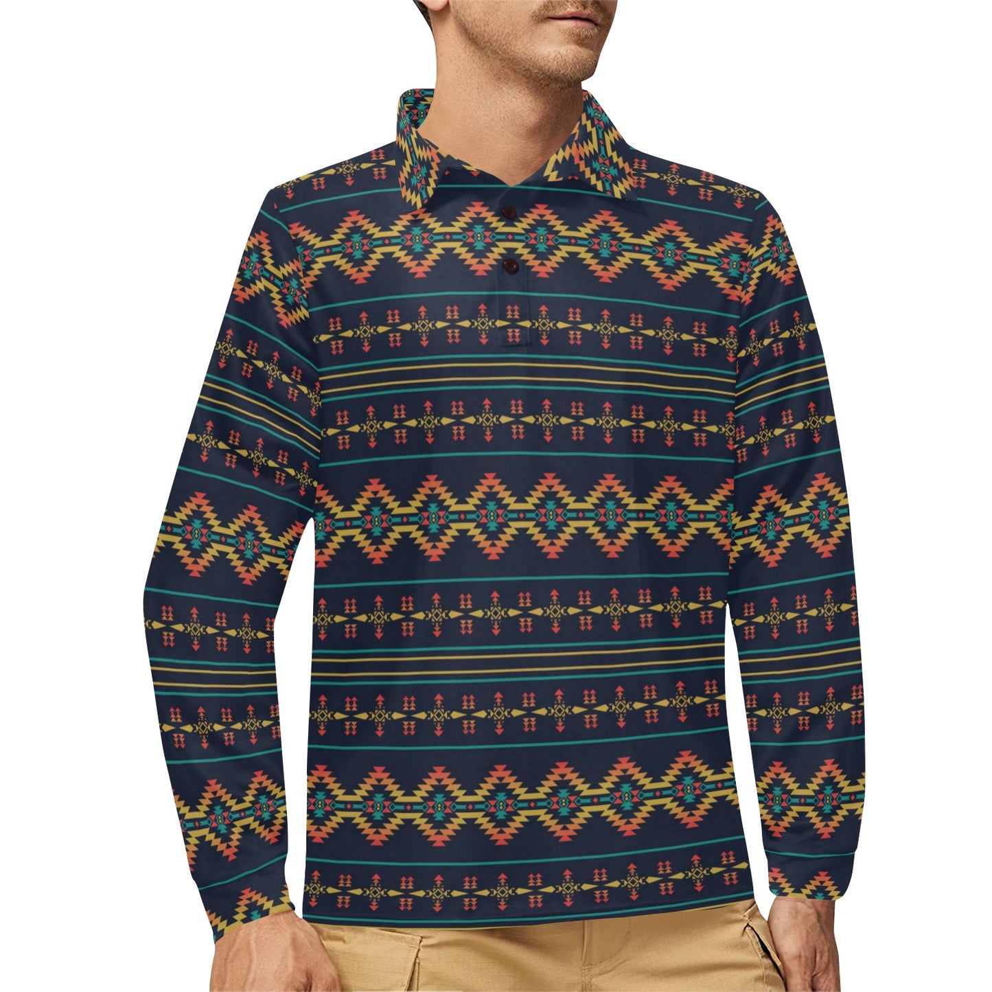 Southwest American Design Themed Print Long Sleeve Polo Shirt For Men's
