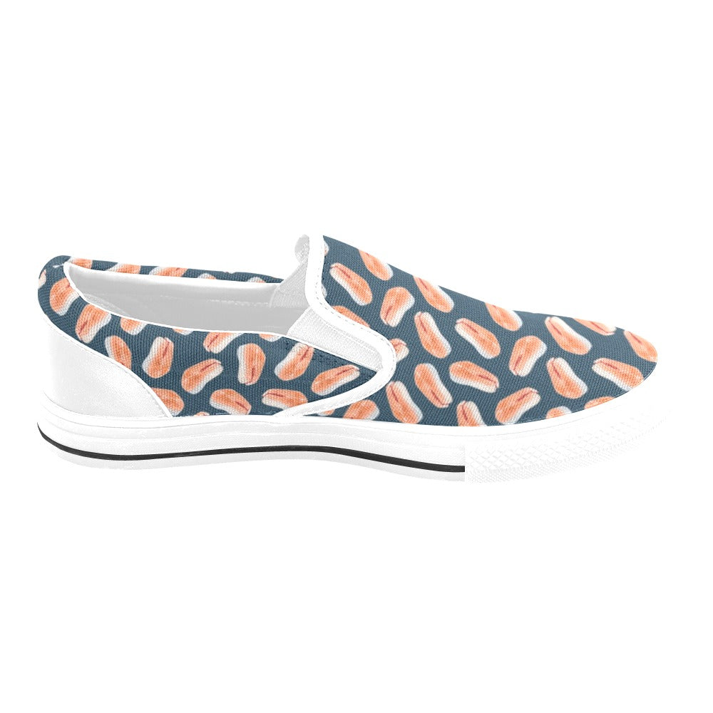 Salmon Steak Print Design LKS306 White Slip Ons Canvas Women's Shoes