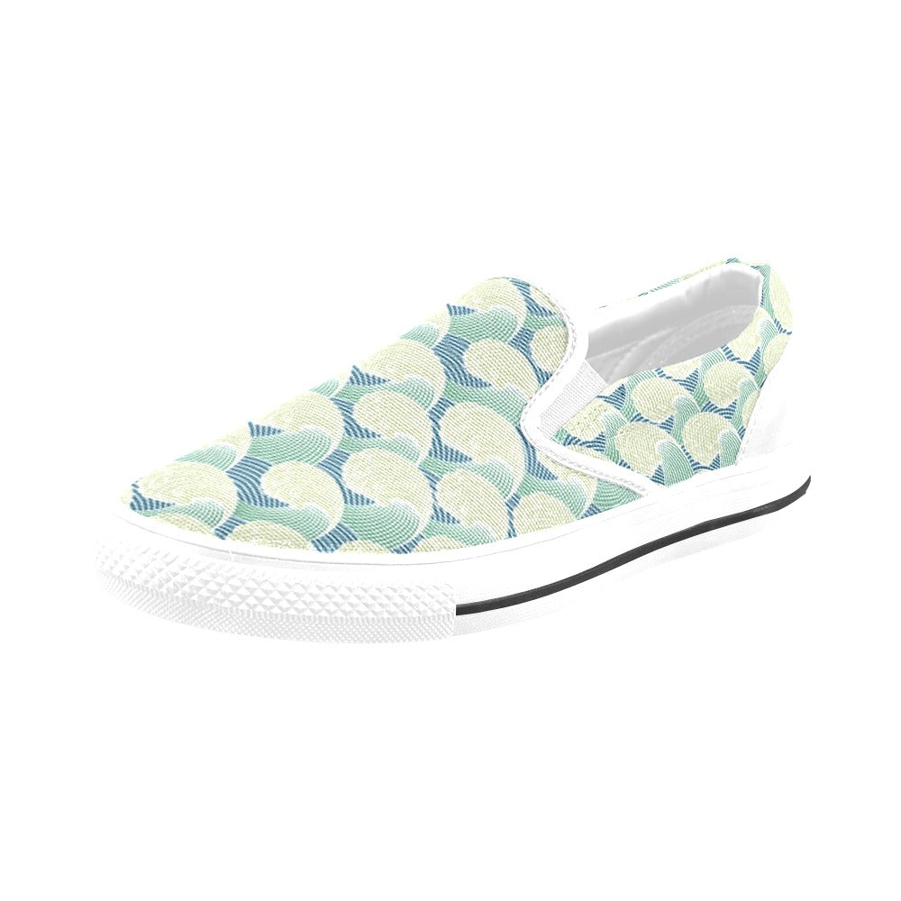 Wave Japan Style Print Design LKS302 White Slip Ons Canvas Women's Shoes
